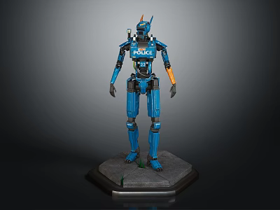 Blue Police Robot With Detailed Mechanical Structure Standing On Base Platform 3d model