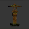 Traditional Japanese Stone Lantern With Moss Covered Top Ornate Carvings And Stone Base