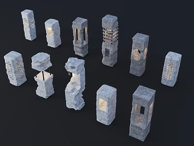 Various Decorative Outdoor Stone Lights with Unique Designs and Illuminated Details 3d model