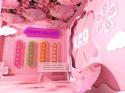 Pink Cherry Blossom Themed Interior With ECO Decor And Umbrella Elements 3d model