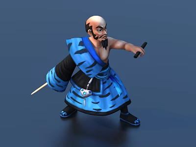 Bald Headed Bearded Game And Movie Character In Blue Kimono With Black Accents Holding Sword 3d model