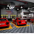 4S Shop Interior With Red Sports Car Service Bay Repair Tools And Checkered Floor