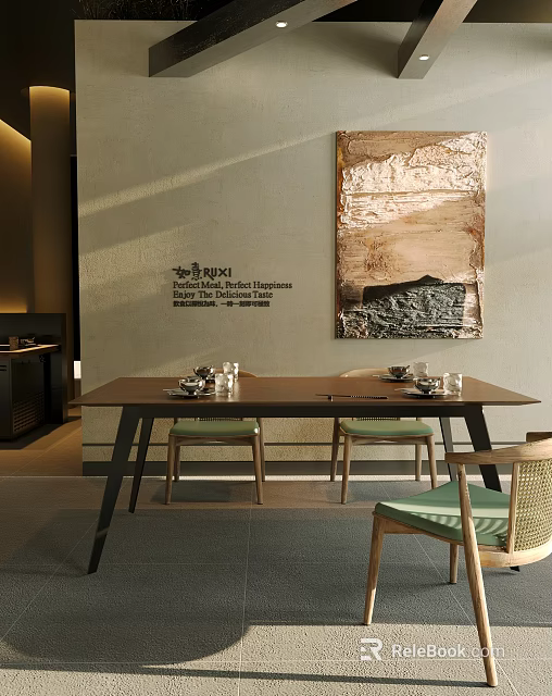 Wooden Dining Table Set with Green Cushioned Chairs and Modern Wall Art Decor 3d model 