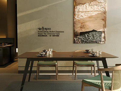 Wooden Dining Table Set with Green Cushioned Chairs and Modern Wall Art Decor 3d model