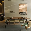 Wooden Dining Table Set with Green Cushioned Chairs and Modern Wall Art Decor