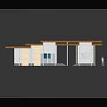 Cartoon Scene Modern Building With Wooden Roof Pillars White Walls Blue Windows And Small Figure