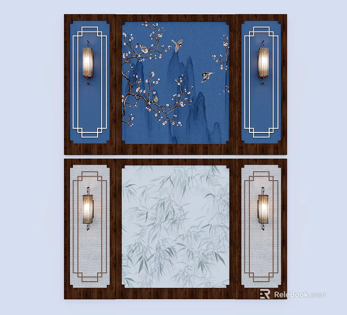 Chinese Traditional Wall Decor with Blue Plum Bird White Bamboo Symmetric Lamps and Wooden Frames 3d model 