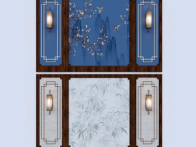 Chinese Traditional Wall Decor with Blue Plum Bird White Bamboo Symmetric Lamps and Wooden Frames 3d model