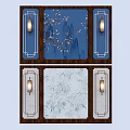 Chinese Traditional Wall Decor with Blue Plum Bird White Bamboo Symmetric Lamps and Wooden Frames
