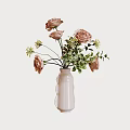 White Ceramic Vase With Pink Roses And Green Leaves Floral Arrangement