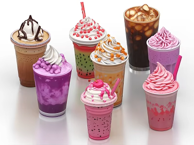 Delicious Assorted Colorful Beverages With Whipped Cream Sprinkles And Straws 3d model
