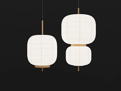 Two Modern Paper Pendant Lights With White Shades And Wooden Frames 3d model