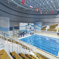 Modern Indoor Swimming Pool With Large Main Pool And Blue Yellow Spectator Seats