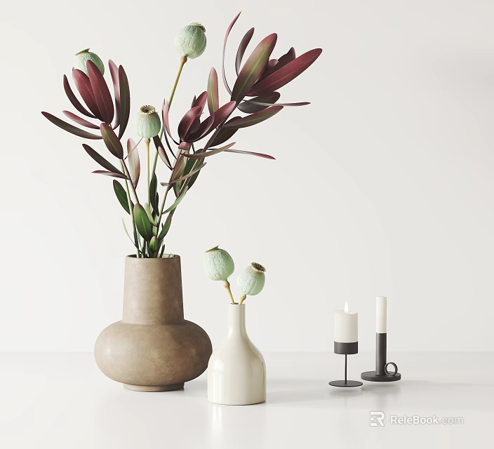 Minimalist Decorative Ornament Set With Ceramic Vases Red Green Leaves Buds And Candles 3d model 