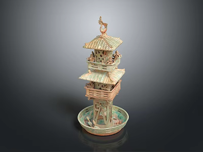 Ceramic Pagoda Style Decorative Sculpture With Multi Tiered Design And Base Tray 3d model