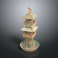 Ceramic Pagoda Style Decorative Sculpture With Multi Tiered Design And Base Tray