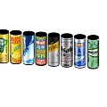Canned Beverages With Various Flavors And Brands Arranged In A Row
