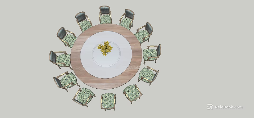 Round Dining Table Set With Green Patterned Chairs And White Plate Yellow Flowers 3d model 