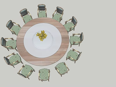 Round Dining Table Set With Green Patterned Chairs And White Plate Yellow Flowers 3d model