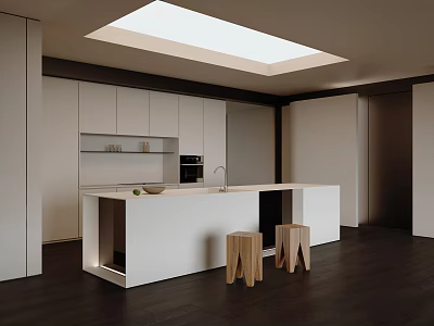Modern Open Kitchen Interior With White Bar Counter Cabinets Skylight And Wooden Stools 3d model