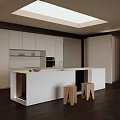 Modern Open Kitchen Interior With White Bar Counter Cabinets Skylight And Wooden Stools