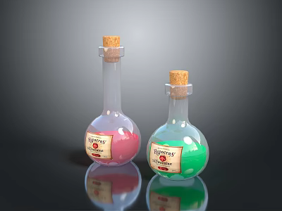 Decorative Glass Potion Bottles With Cork Stoppers Pink And Green Liquids 3d model