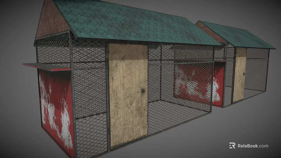 Two Dog Kennels With Green Roofs Wire Mesh Wooden Doors And Red Sides 3d model 