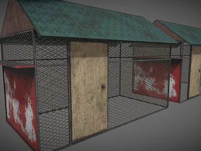 Two Dog Kennels With Green Roofs Wire Mesh Wooden Doors And Red Sides 3d model