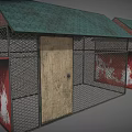 Two Dog Kennels With Green Roofs Wire Mesh Wooden Doors And Red Sides