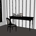 Black Desk With Patterned Chair Photo Frames Lamp Books Cup And Light Shadow Background