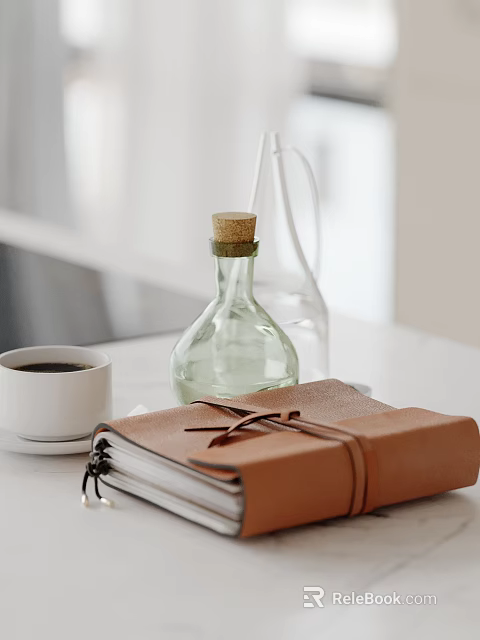 Elegant Decorative Ornament Set With White Coffee Cup Green Glass Bottle And Brown Leather Notebook 3d model 