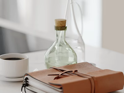 Elegant Decorative Ornament Set With White Coffee Cup Green Glass Bottle And Brown Leather Notebook 3d model