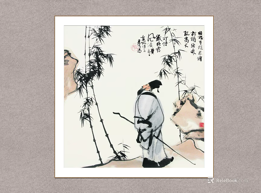 Traditional Chinese Figure Painting Featuring Robed Scholar With Bamboo Rock Formations And Calligraphic Inscriptions 3d model 