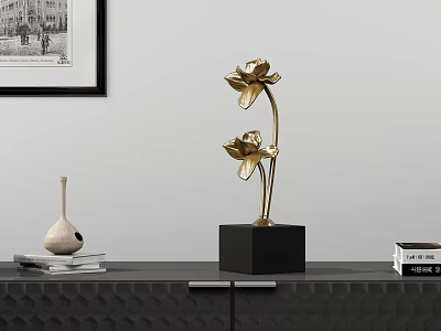 Elegant Decorative Ornament Set With Golden Lotus Sculpture White Vase And Black Base On Table 3d model