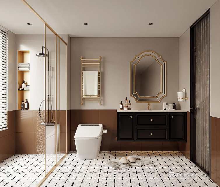Bathroom Interior Design With White Toilet Black Vanity Gold Framed Mirror And Checkered Floor Tiles 3d model 