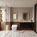 Bathroom Interior Design With White Toilet Black Vanity Gold Framed Mirror And Checkered Floor Tiles