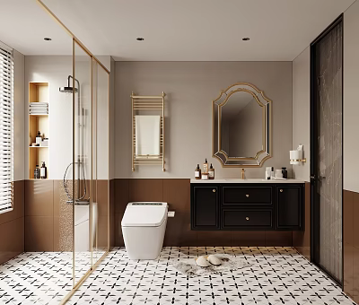 Bathroom Interior Design With White Toilet Black Vanity Gold Framed Mirror And Checkered Floor Tiles 3d model