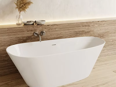 White Freestanding Bathtub in Modern Bathroom with Wooden Wall and Decorative Vase 3d model