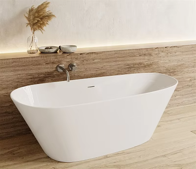 White Freestanding Bathtub in Modern Bathroom with Wooden Wall and Decorative Vase 3d model