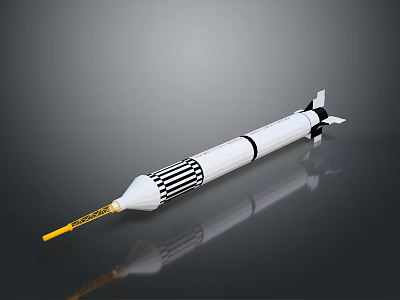 Modern Military Missile With White Body Black Stripes Yellow Tip And Tail Fins Design 3d model