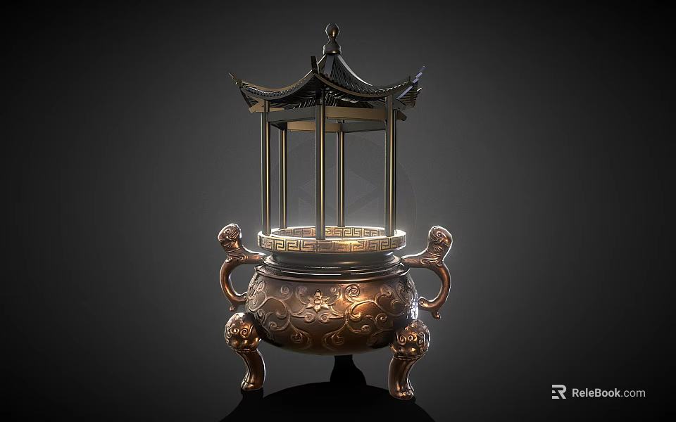 Antique Copper Decorative Ornament Combination With Pagoda Top Lion Handles And Carved Patterns 3d model 