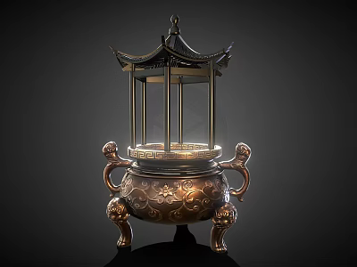 Antique Copper Decorative Ornament Combination With Pagoda Top Lion Handles And Carved Patterns 3d model