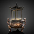 Antique Copper Decorative Ornament Combination With Pagoda Top Lion Handles And Carved Patterns