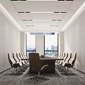 Modern Conference Room Interior Featuring Long Table Multiple Chairs Large Windows And City View 3d model