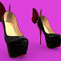 Black High Heels With Crocodile Texture Butterfly Wing Decorations Red Heels And Purple Background