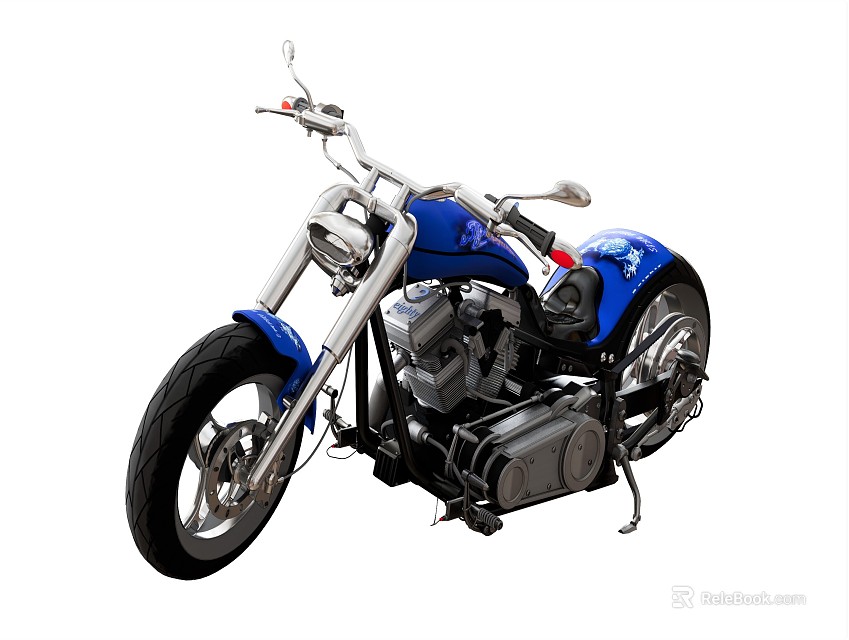 Classic Blue Cruiser Motorcycle With Chrome Handlebars Black Seat And Tires 3d model 