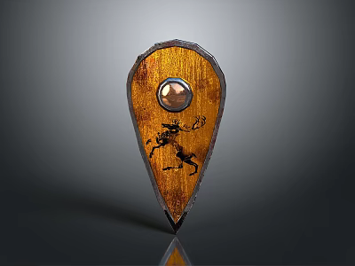 Wooden Shield with Round Gemstone Center and Black Deer Design on Polished Wooden Surface 3d model