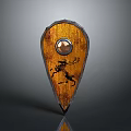 Wooden Shield with Round Gemstone Center and Black Deer Design on Polished Wooden Surface