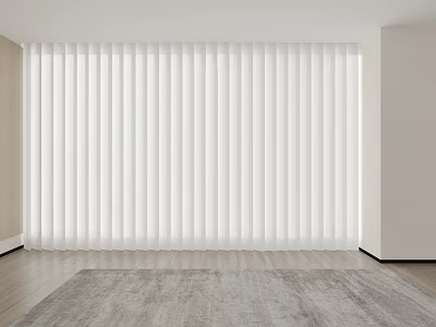 White Vertical Blinds In Modern Living Room With Wooden Floor And Gray Rug 3d model
