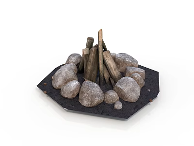 Natural Scenic Outdoor Fire Pit with Stacked Logs and Surrounding Stones 3d model